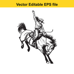 Fototapeta premium Dynamic Black and White Illustration of a Cowgirl Riding a Galloping Horse with Lasso Raised in Action and Determination in a Vector Editable Format