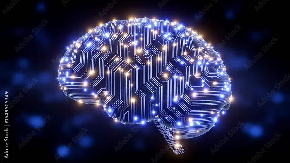 Poster digital brain design illuminated with glowing nodes and circuit patterns. futuristic concept set aga