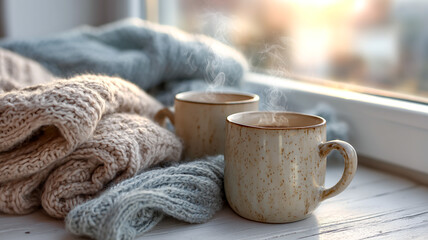 Cozy vibes: steaming mugs and knitted blankets by the bright window offer a warm and inviting scene of comfort.