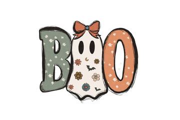 BOO with Flowers – Cute Ghost with Floral Letters Halloween isolated on transparent background
