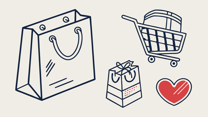 Vector Illustration of Shopping Bags Cart Gift Box and Heart.