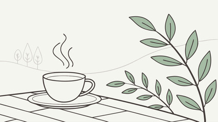 Minimalist Illustration of Steaming Coffee Cup with Foliage.