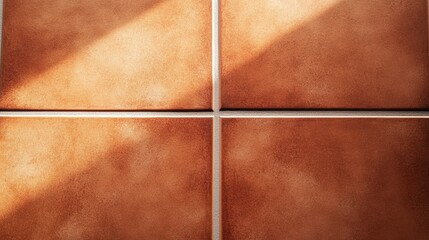 Close-up image of four brown textured tiles with visible grout lines and light reflections creating a warm, natural ambiance.