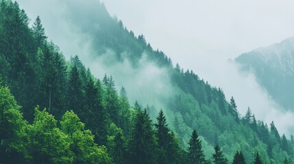Misty mountain range with lush green forests