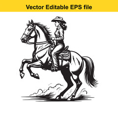 Fototapeta premium Dynamic Black and White Illustration of a Cowgirl Riding a Galloping Horse with Lasso Raised in Action and Determination in a Vector Editable Format