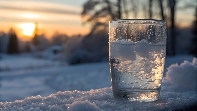 Glass of water beginning to freeze — visible ice layers, condensation, winter light
