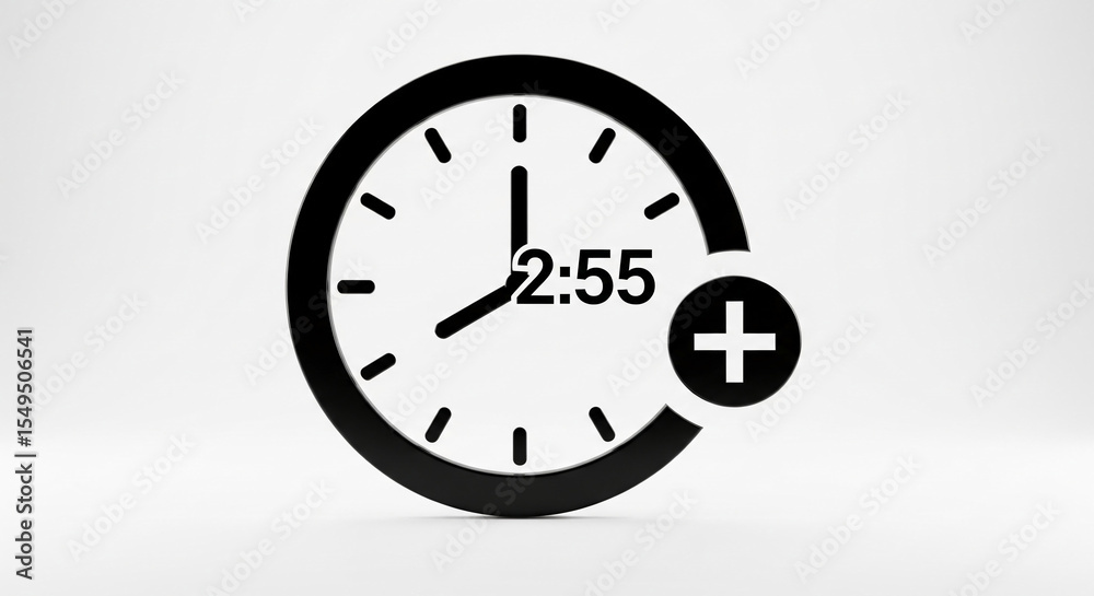 Aufkleber black clock showing 2:55 with plus sign, suggesting time extension or addition, minimalist design, i