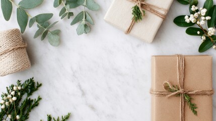 Festive Gift Wrapping Display, a minimalist arrangement featuring neutral tones, natural elements, and ample free space creating a clean and simple festive atmosphere