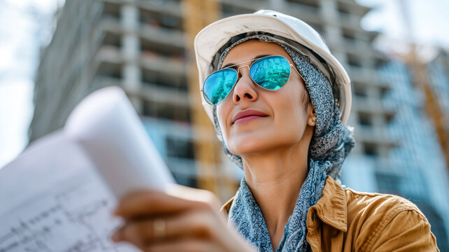 Female architect reviewing blueprints with modern construction site backdrop, wearing hard hat and sunglasses.