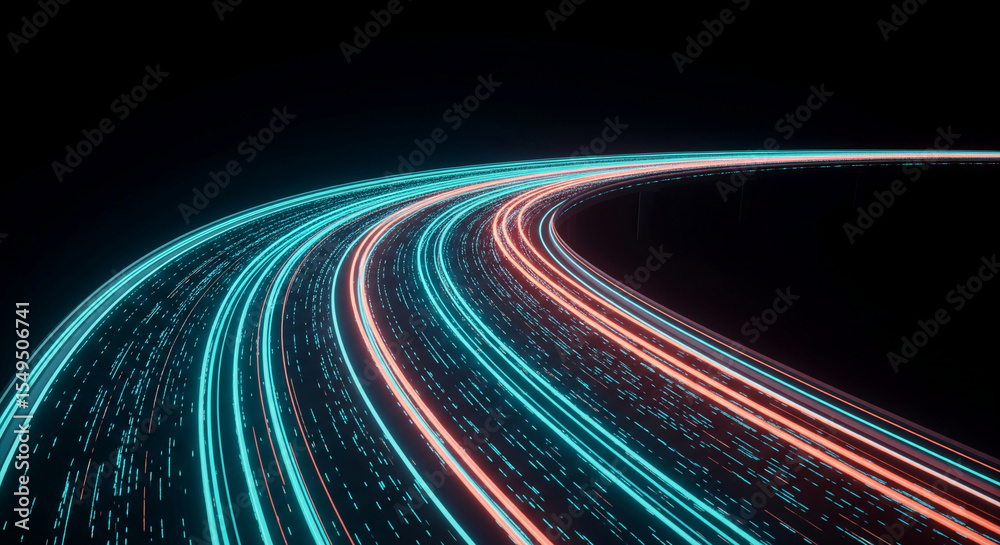 Poster abstract image of glowing teal and coral light trails curving on a dark background, suggesting speed
