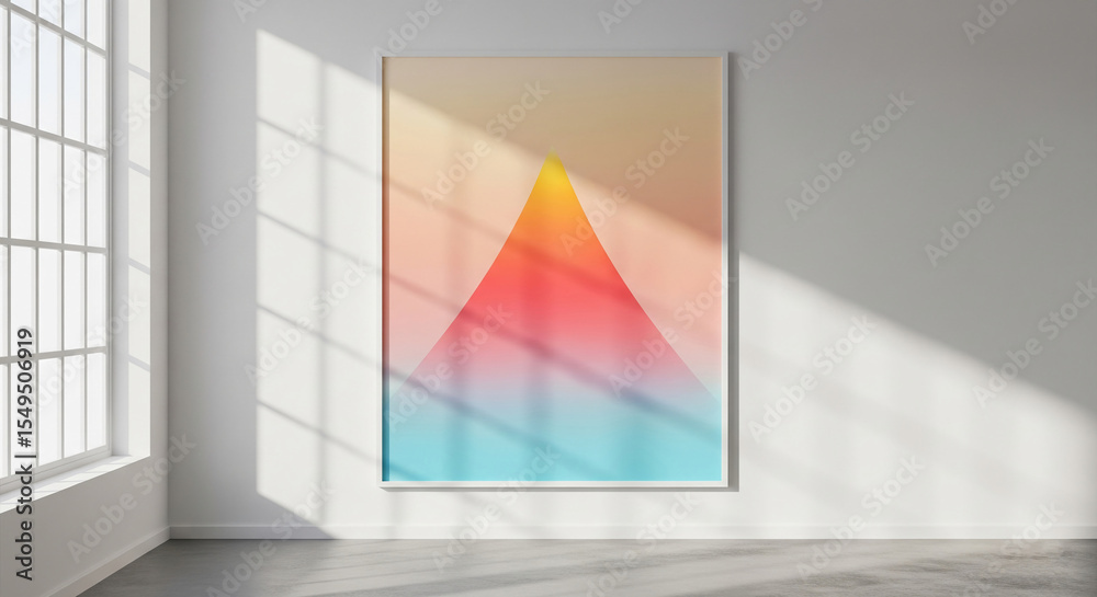 Poster abstract artwork in white frame, showcasing gradient colors from yellow to blue, creating a triangul