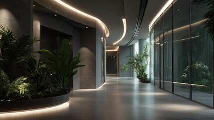 Obraz premium An elevator lobby for a high-end luxury building in dubai, polished concrete floors, sleek architectural lighting, lush indoor greenery and plants, travertine walls with curves in.