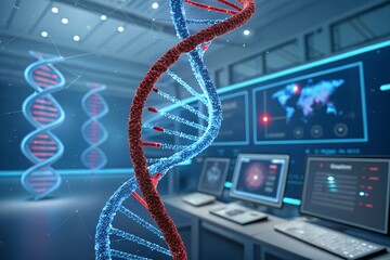 DNA Strand: A vibrant display of a DNA double helix within a futuristic laboratory setting. Showcasing scientific exploration and innovation.