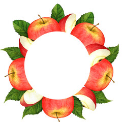 Wreath of red apples and fresh leaves. Red ripe apples, apple slices, green leaves. Design of cards, invitations, packaging