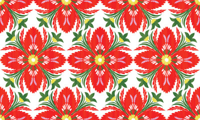 The fabric patterns seamless vector pattern, beautifully arranged floral, with flowers in the center, red, green, white background