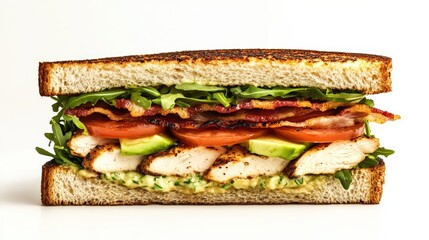 A close-up of a grilled chicken sandwich with bacon, lettuce, tomato, and avocado between two slices of toasted bread.