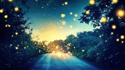 Naklejka premium Night road through magical forest