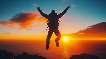 Silhouette of a free male jumping at sunset over the sea, celebrating reaching the summit