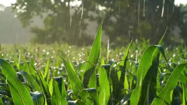 Close up of fresh green corn plants being watered by rain in natural field