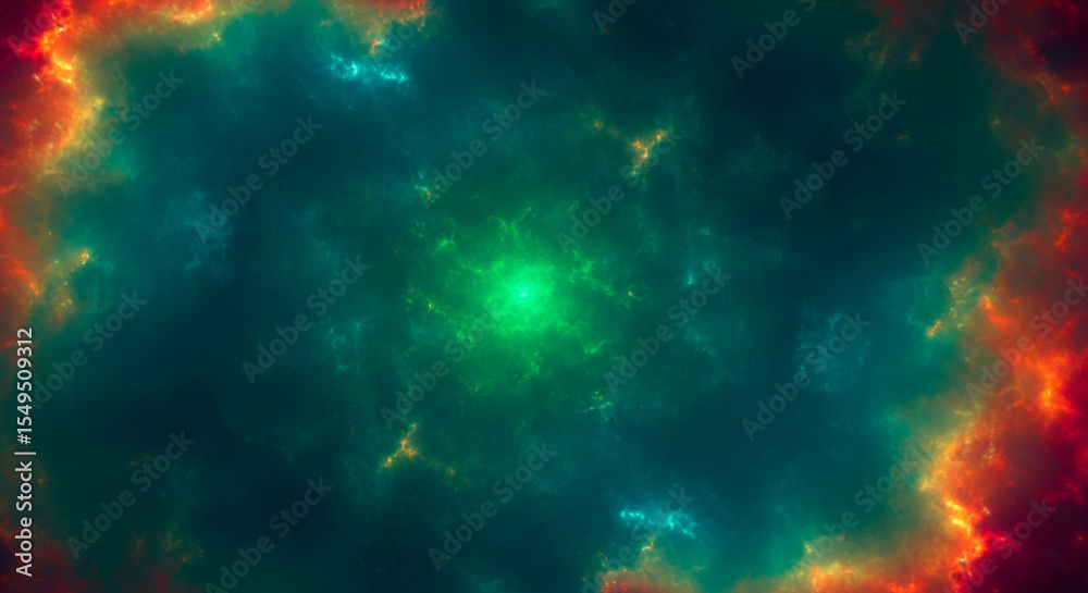 Poster abstract image with teal, green, orange, and red nebula-like swirls creating a cosmic effect, symbol