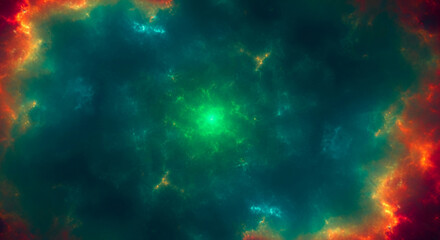Abstract image with teal, green, orange, and red nebula-like swirls creating a cosmic effect, symbolizing mystery, energy, and the vastness of space, ideal for science fiction or fantasy concepts