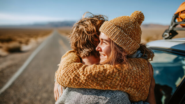 Couple embracing by car on a long desert road. Joyful reunion after a long drive, full of love and adventure in the open landscape.