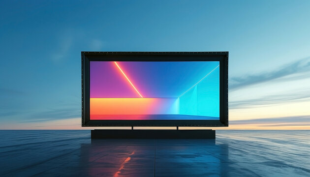 large rectangular digital screen mockup standing on wet reflective surface at twilight sky for branding or advertising

