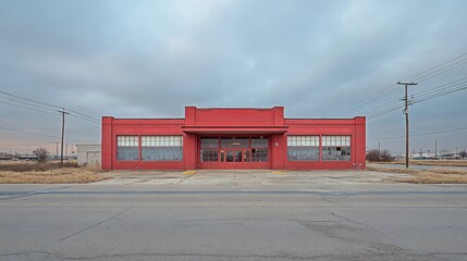 Naklejka premium Red building, overcast sky, empty lot