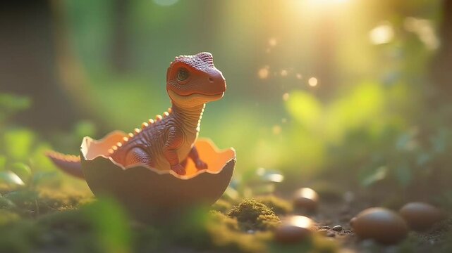 Tiny dinosaur emerging from egg with morning light  
