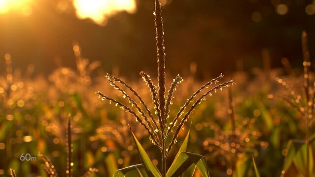 Golden sunlight illuminating a closeup of a cornfield with focused tassels at sunset