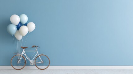Bicycle and Balloons in Loft, a minimalist poster design featuring a bicycle and colorful balloons in a clean loft interior, emphasizing simplicity and spaciousness.