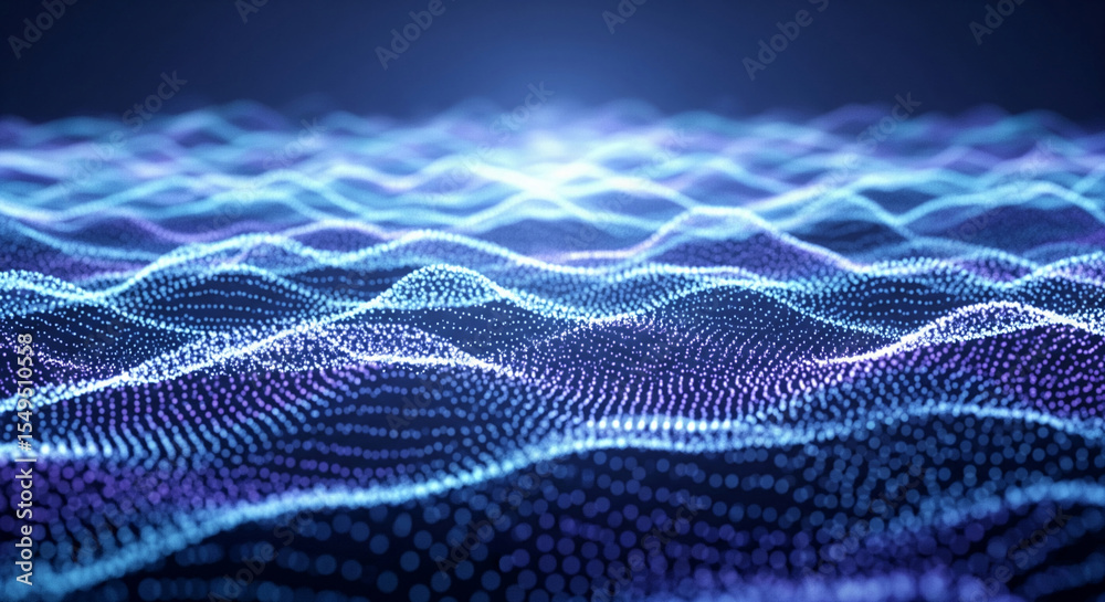 Poster abstract blue and purple particle wave background, showing flowing data or energy concept, ideal for