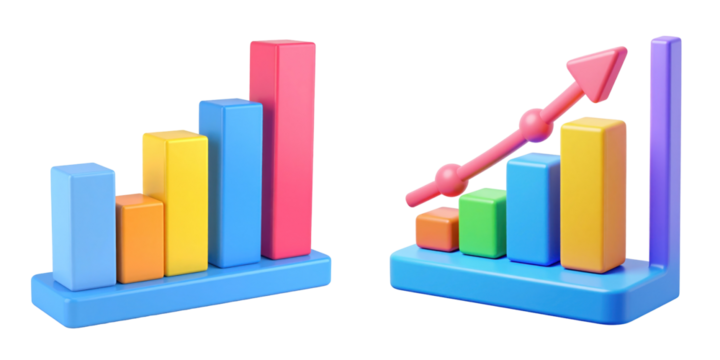 Colorful 3D Cartoon Charts Displaying Growth And Progress On Blue Base Against Transparent Background