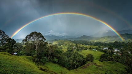 Naklejka premium Rainbow arches over lush valley