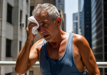 Exhausted mature athlete wiping sweat after intense urban workout session downtown