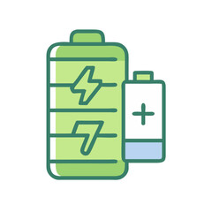 Green battery icon with charge indicator and smaller battery on a white background 
