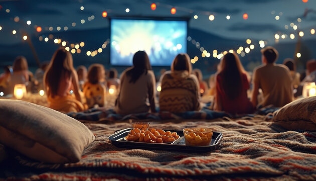 outdoor movie night with people sitting on blankets and snacks under string lights in summer evening

