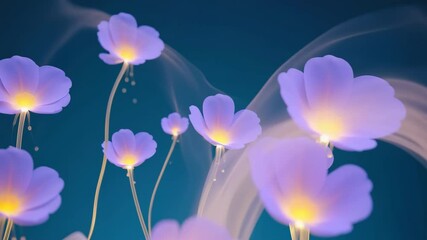 Delicate purple flowers emit a gentle glow as they sway in an ethereal mist. The calming background enhances their beauty, inviting tranquility and wonder - Powered by Adobe