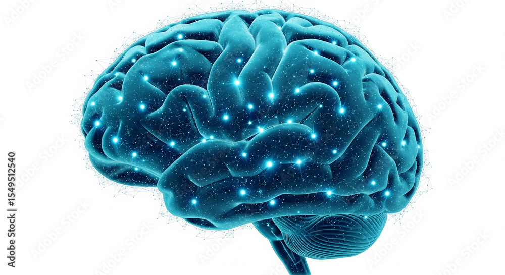 Poster detailed cyan brain image, showcasing neural connections, symbolizes intelligence, cognition, and th