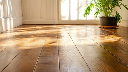 Sunlit wooden floor and green plant in bright minimalist room