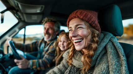 Family road trip with smiles and sunshine. Warm clothing, open road, and joyful travel adventures together.  Cozy family fun.