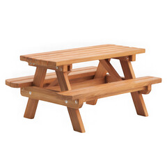 A wooden picnic table with attached benches on a white studio background view