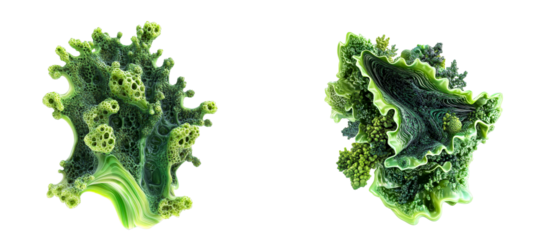 Two green fractal objects, isolated on black background, cut out transparent