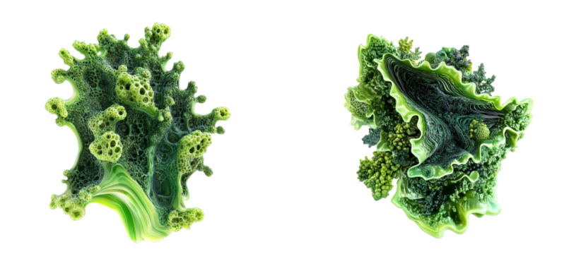 Two green fractal objects, isolated on black background, cut out transparent