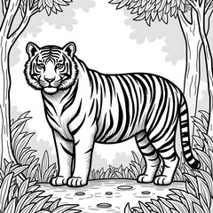 tiger on a  forest white background  coloring page line art