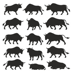 Collection of bull silhouettes in various poses showcasing different stances and dynamic positions.