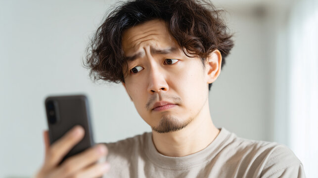 スマホを見て困惑する若い男性の心配そうな表情 | ナチュラル光