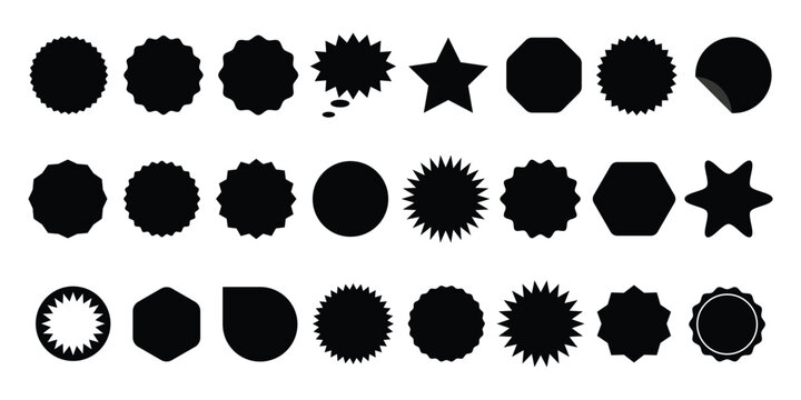 Set of black starburst. Price sticker, sale sticker, price tag, quality mark, retro stars, sale more. Wavy edge promo black badges. Star burst shape tags for price. Vector Illustration.