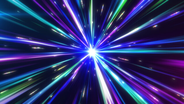 放射状に広がるカラフル光線の集中線背景 / スピード感ある光エフェクト素材