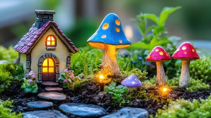 Fototapeta premium Miniature fairy houses and mushrooms in a garden scene